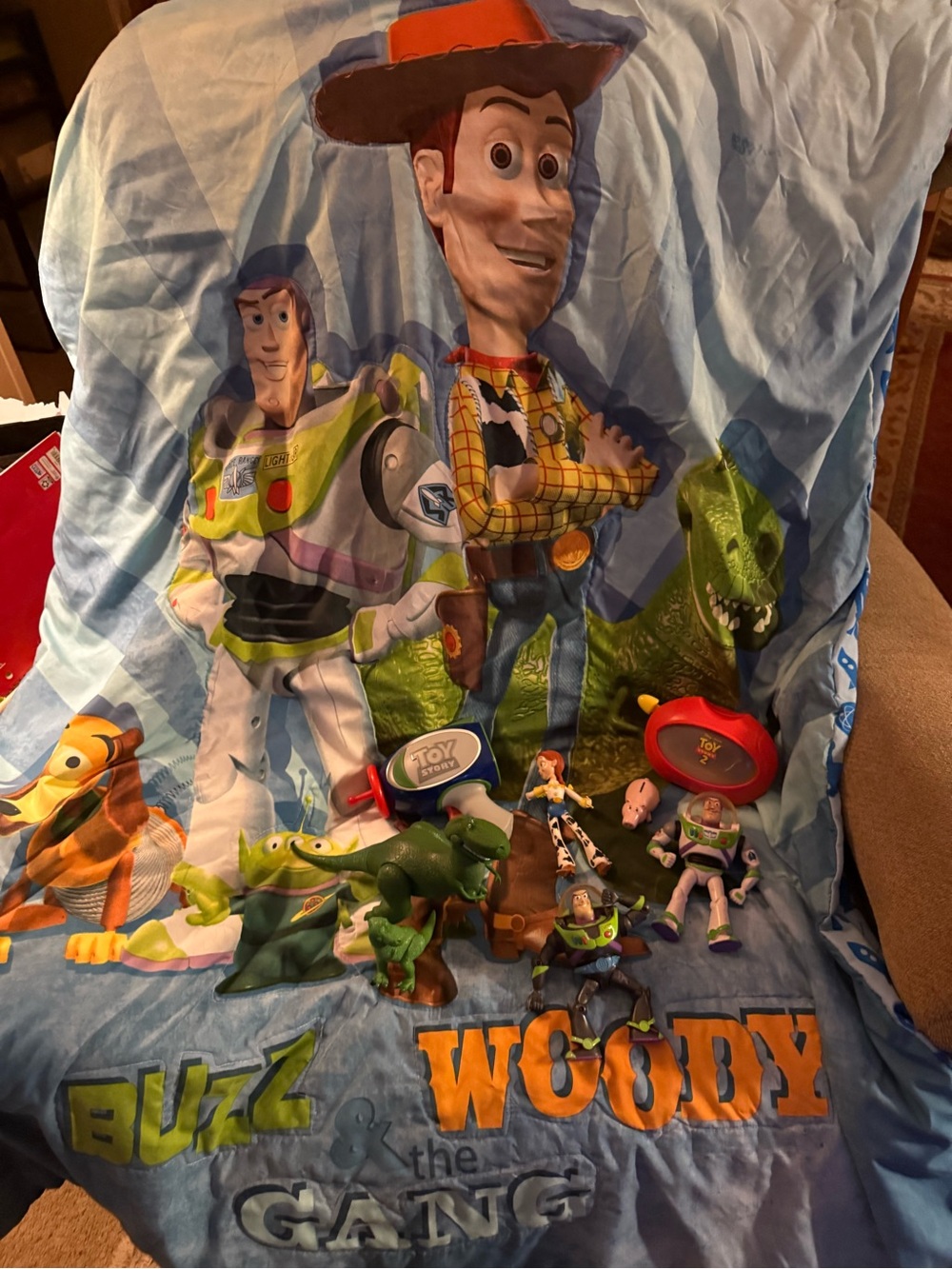 Toy Story Woody & Buzz Blue Kids Blanket With Several Toy Story Toys!